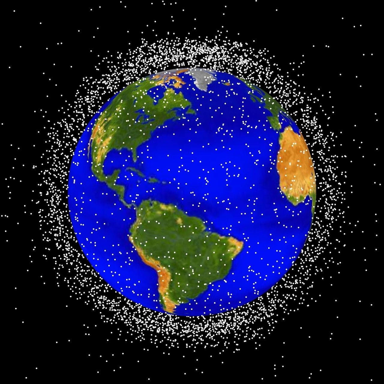 A visualization of tracked debris objects surrounding Earth in low orbit